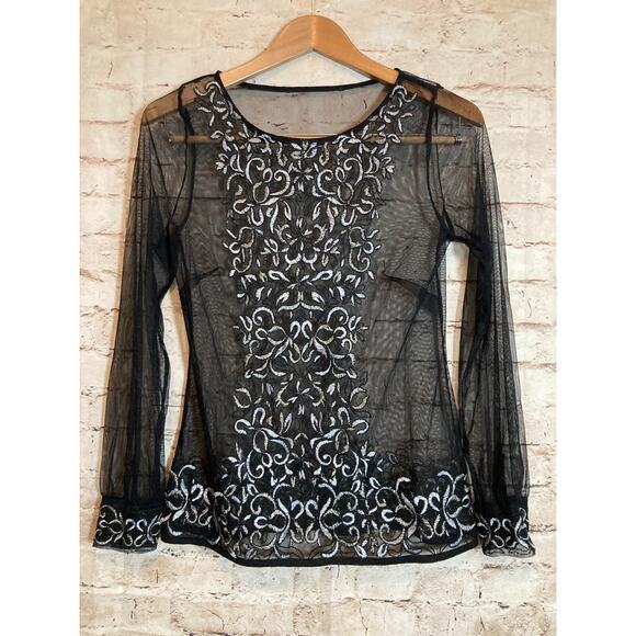 Whimsigoth Top Womens Medium Black Mesh All Over Embroidery‎ Grunge Sheer Dainty - Picture 1 of 13